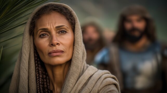A wide biblical scene of Deborah seated beneath a palm tree in a lush valley, Barak in full armor standing before her, with villagers gathered across layered hills in soft spring daylight.
