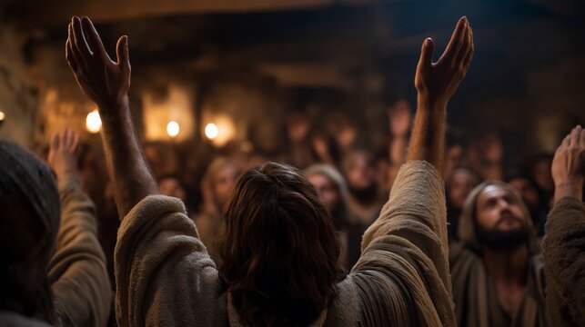 A peaceful scene of an early Christian community praying together in a modest house church, their uplifted hands and calm faces glowing in warm lamplight.
