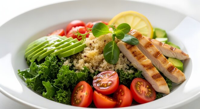 Grilled chicken breast salad with quinoa kale avocado slices cherry tomatoes and a lemon wedge in a white ceramic bowl