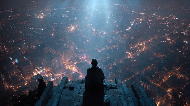Man Standing on Rooftop Overlooking Cityscape at Night.