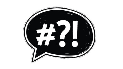 Fototapeta premium Bold black speech bubble with white hand drawn symbols including a hashtag, question mark, and exclamation point inside.