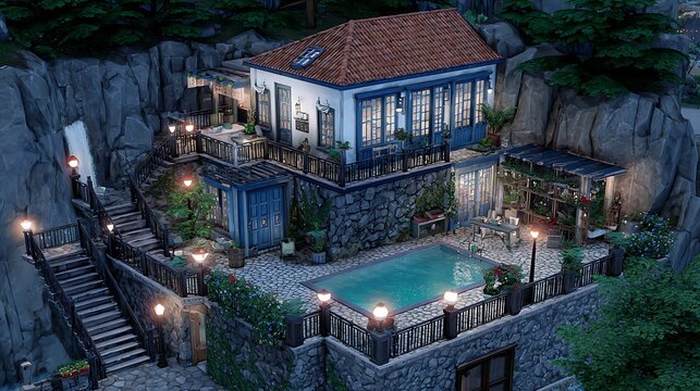 A villa built into a rocky cliffside with a swimming pool and warm outdoor lighting glow