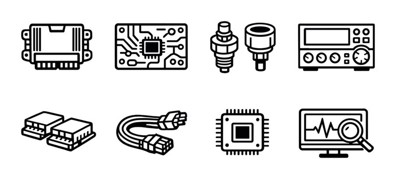 Electronic control units and sensor components on gray background