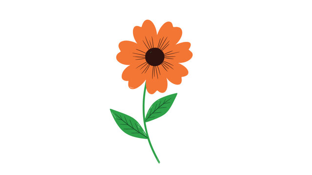 Single orange flower illustration with dark brown center and two green leaves on a white background in simple flat and minimalistic style.