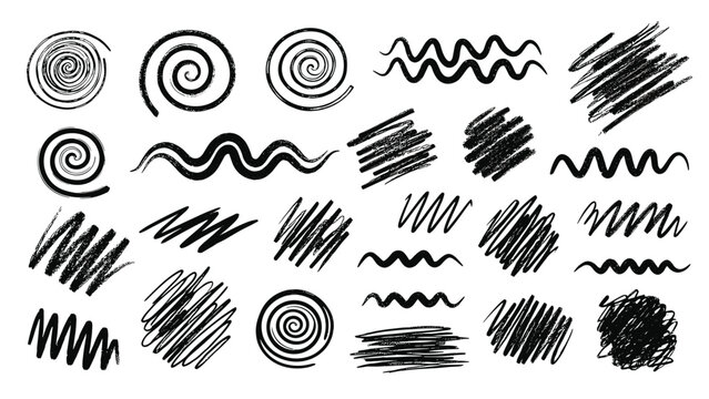 Diverse collection of black hand drawn scribbles, spirals, and wavy lines provides a wealth of elements for creative and expressive design.