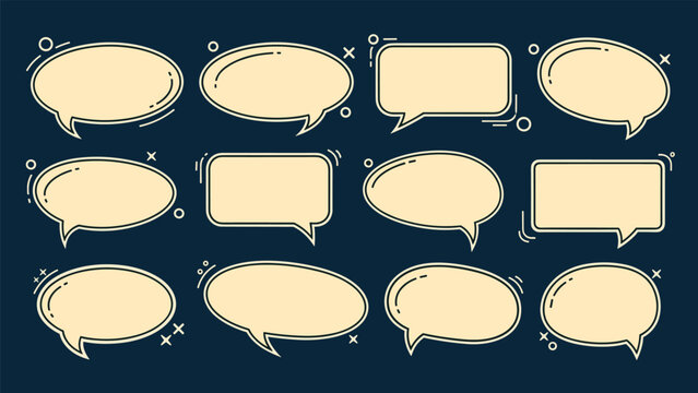 Collection of many oval and rectangular speech bubbles in a soft cream color is arranged on a contrasting dark blue background for clarity.
