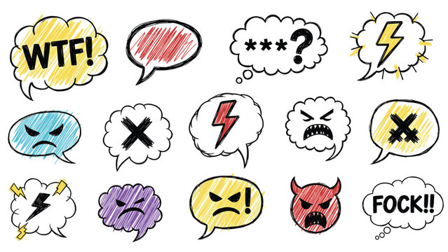 Set of angry and frustrated speech bubbles features hand drawn symbols like lightning bolts and skulls to express strong negative emotions.