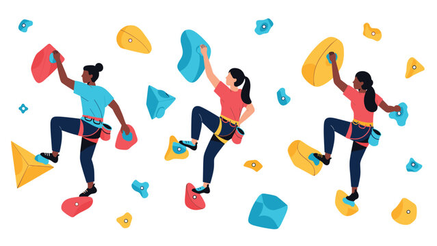 Group of active women practice indoor rock climbing on a wall with various colorful holds in a modern flat vector illustration style.