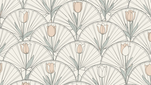Elegant art deco inspired repeating pattern with pink tulips set against cream colored radiating fan shapes with a sophisticated vintage aesthetic.