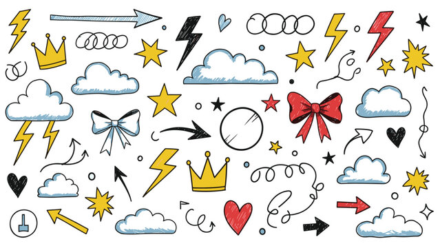 Large collection of hand drawn colorful doodles including clouds lightning stars hearts arrows and crowns in a fun whimsical sketch style on white.
