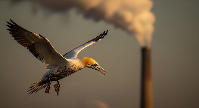 Majestic Northern Gannet in Graceful Flight with Distant Industrial Smokestack Emitting Fumes