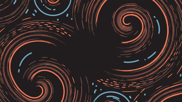 Abstract background featuring dynamic swirl patterns and dashed lines in shades of orange and blue on a dark charcoal backdrop.