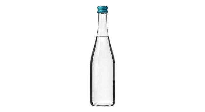 Clear glass bottle with a blue cap for liquid storage or beverage packaging isolated on transparent background,png