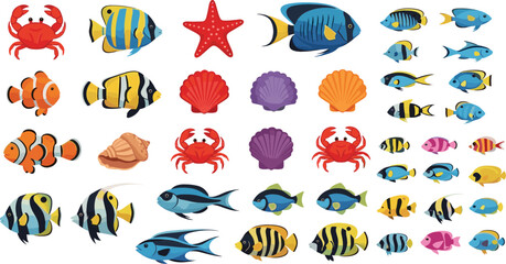 "Set of Colorful Marine Life Icons Including Fish, Crabs, Starfish, Shells, and Coral for Websites, Apps, and Ocean-Themed Designs" © Momota