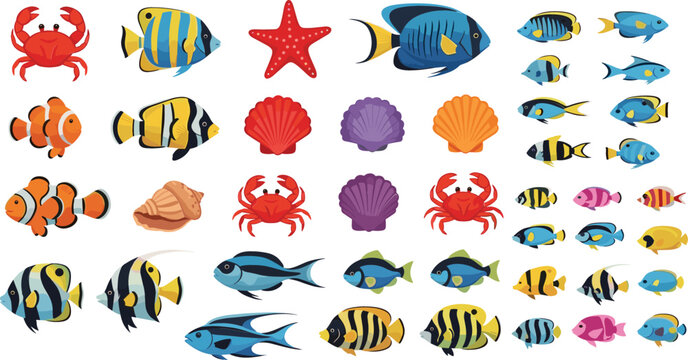 "Set of Colorful Marine Life Icons Including Fish, Crabs, Starfish, Shells, and Coral for Websites, Apps, and Ocean-Themed Designs"