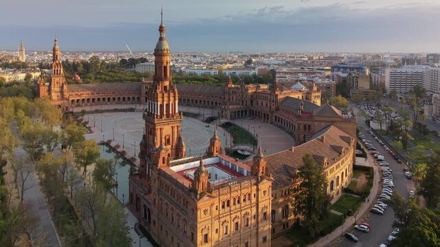 Aerial view of Plaza de Espana in Seville at sunrise, majestic architecture of the grand square and park. Golden hour over the Plaza de Espana and Maria Luisa Park, Seville
