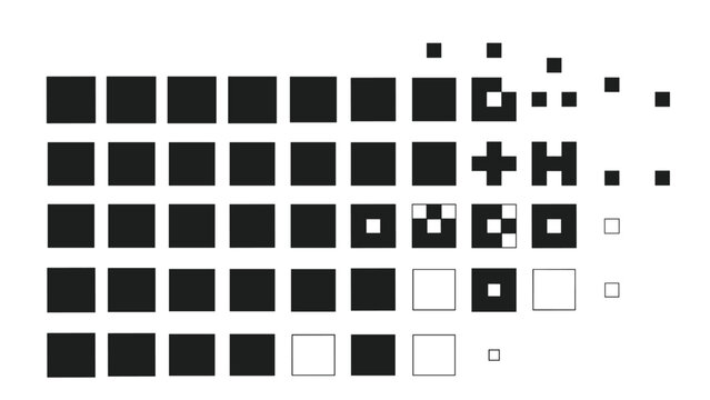 Abstract geometric composition showing a grid of black squares with fragmented edges and complex pixelated patterns.