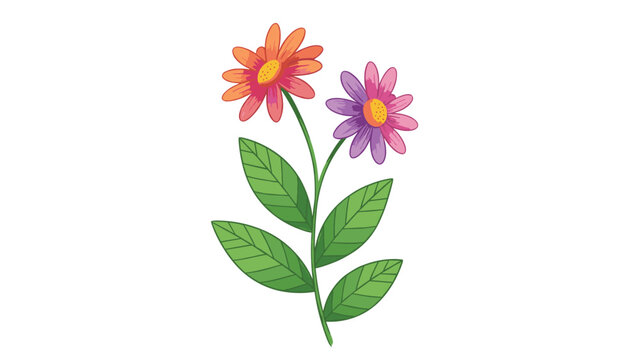 Colorful illustration of two flowers one orange and one purple growing from a single green stem with several leaves in clean flat style.
