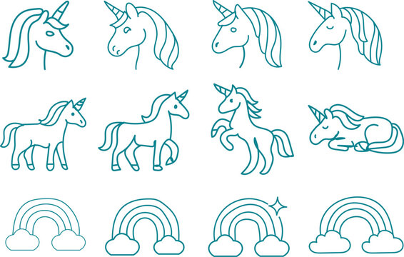 Cute Unicorn Line Art Icon Set with Rainbow Outline &ndash; Minimal Teal Neon Vector Collection of Magical Unicorn Heads, Standing, Running, Sleeping Poses and Rainbow Cloud Symbols.