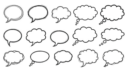Fototapeta premium Set of diverse empty speech and thought bubbles with sketchy black outlines and different shapes on a plain white background.
