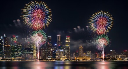 Fototapeta premium USA, US, U.S, United States - City Skyline Fireworks Photo | Night Urban Celebration Over Water | Colorful Burst Reflections Modern Skyscraper View | Festive Cityscape Wall Art Print 