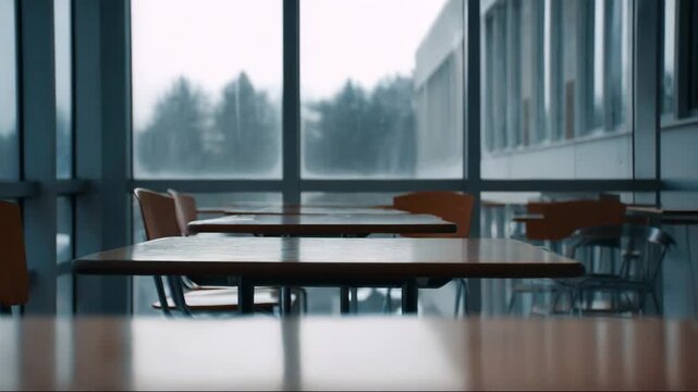 Empty classroom with wooden tables and chairs by the window  
