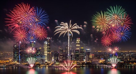 Fototapeta premium USA, US, U.S, United States - City Skyline Fireworks Photo | Night Urban Celebration Over Water | Colorful Burst Reflections Modern Skyscraper View | Festive Cityscape Wall Art Print 
