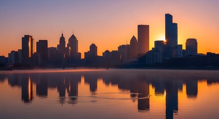 Obraz premium USA, US, U.S, United States - City Skyline Sunset Photo | Silhouette Urban View With Water Reflections | Orange Purple Glow Architecture | Atmospheric Cityscape Wall Art Print 