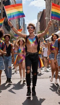 Pride month parade crowd with rainbow flag in city street, joyful diverse people celebrating equality and freedom under sunny sky in energetic atmosphere