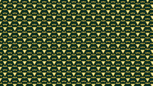 Seamless geometric pattern with abstract golden yellow triangles on a dark teal background, a modern decorative graphic texture, perfect for wallpaper, fabric, textile, packaging, web