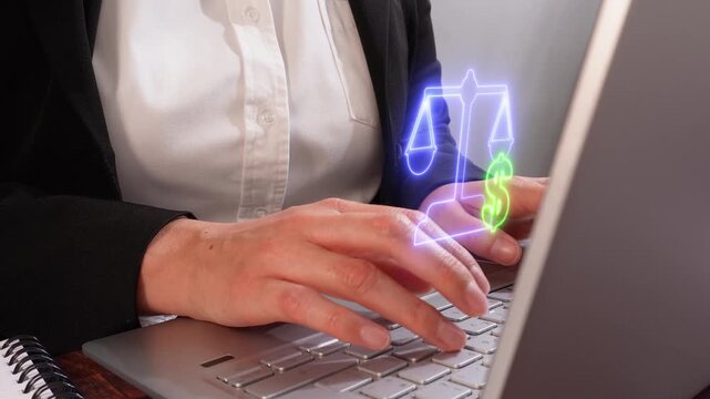 A woman types on her laptop with a money symbol and a glowing scale floating above the screen.