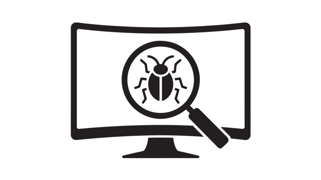 Debugging Bug Detection Icon with Computer Screen and Magnifying Glass for Software Error Analysis