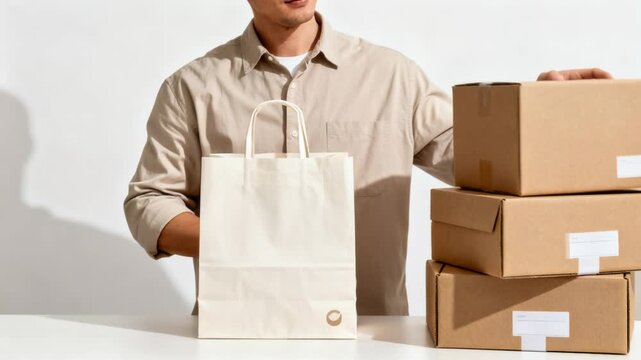 Caucasian man showing empty paper bag while standing next to stacked cardboard boxes. Delivery and moving concept for logistics and shipping.