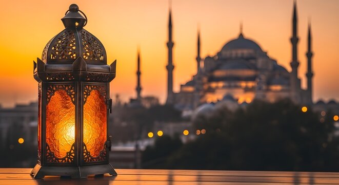 Eid ul adha mubarak beautiful lantern with mosque silhouette for a blessed adha celebration