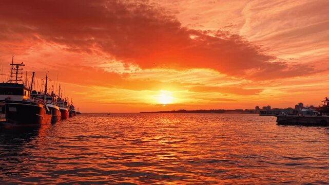 Bright setting sun colors the sky and waterscape. Drone footage along the row of boats standing at the pier.