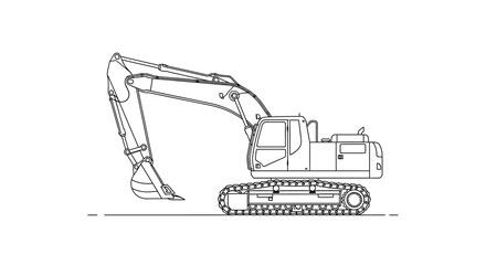 Line drawing of a heavy excavator machine on a ground level © Siam Studio
