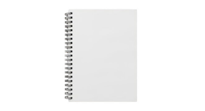 Spiral-bound blank notebook with lined pages and metallic spiral isolated on transparent background,png
