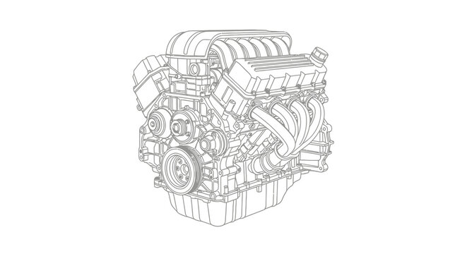 Detailed line drawing of a powerful v8 engine automotive illustration