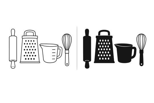 Set of black and white kitchen utensil icons featuring a rolling pin, cheese grater, measuring cup, and wire whisk in both outline and solid silhouette styles for cooking and baking designs.