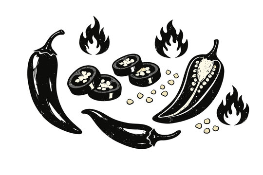 Hand-drawn black chili pepper vector illustration set with whole, sliced, and half peppers, fire flames, and seeds in a vintage grunge style for spicy food menus, Mexican cuisine, and restaurant art