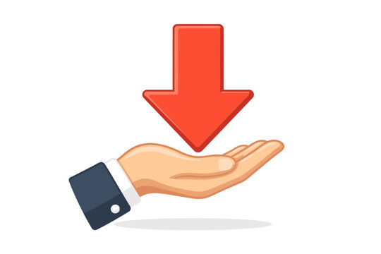 Hand Holding a Red Downward Arrow Vector Illustration. Business Concept for Financial Loss, Economic Decline, Price Reduction, and Negative Market Trends Isolated on White Background.