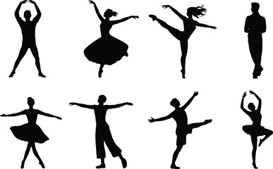 Dynamic black silhouettes of ballet dancers in various graceful poses and movements, capturing the elegance and artistry of classical dance © Mahamudur Creatives