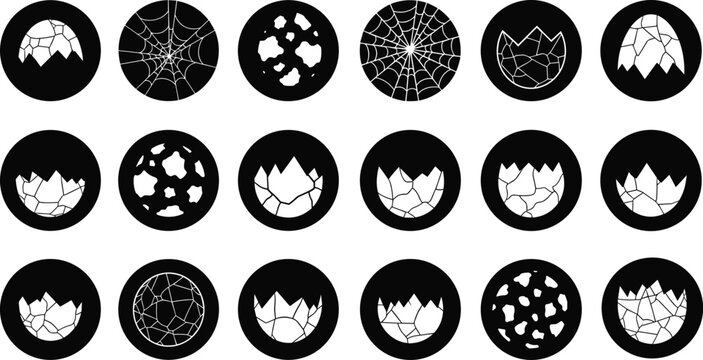 Cracked egg shell icons set, broken fragments and spider web textures, abstract circular symbols, grunge vector illustration, damage effect design collection