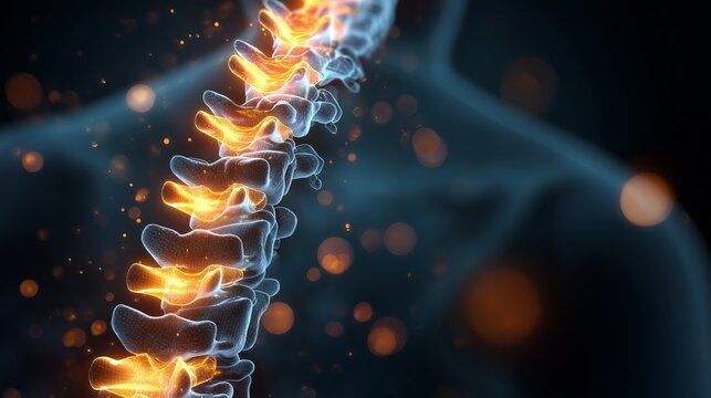 Visualization of the human spine showing vertebrae and glowing effects, illustrating the structure of the back during the night