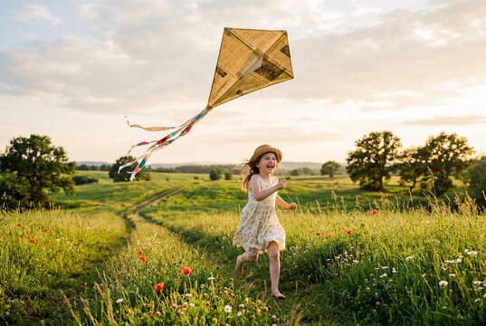 Happy young girl running in golden sunset meadow with handmade newspaper kite wearing vintage floral dress and straw hat