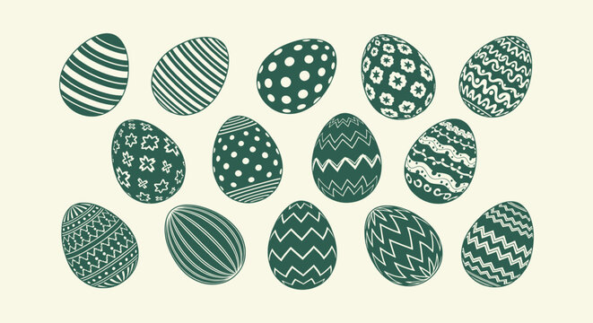 Collection of Various Stylized Green Easter Eggs with Diverse Geometric Patterns Vector Illustration