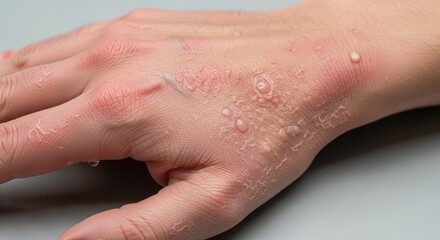 Fototapeta premium Close-up of a hand with dry, flaky, and irritated skin, showing small blisters and inflammation on the knuckles and back of the hand