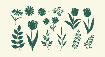 Botanical vector elements set with flower silhouettes and leaf shapes for elegant graphic design. © Tajul