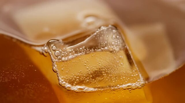 Ice cubes in fizzy amber liquid with bubbles, extreme macro shot of refreshment and cold drink. featuring carbonated, soda, close-up with brown and