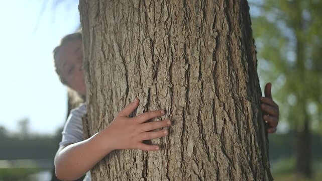 Child hugging tree close up. Hands child wrapped around tree bark. Kid embraces nature, connecting with environment. Child tree hug showing love nature. Environmental care concept child hugging tree.